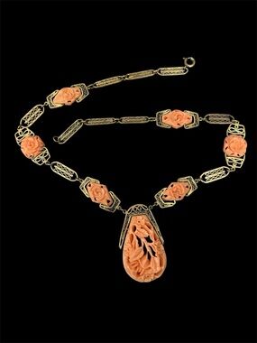 Vintage Art Deco Celluloid Carved Coral Rose Filigree Necklace 17.5"